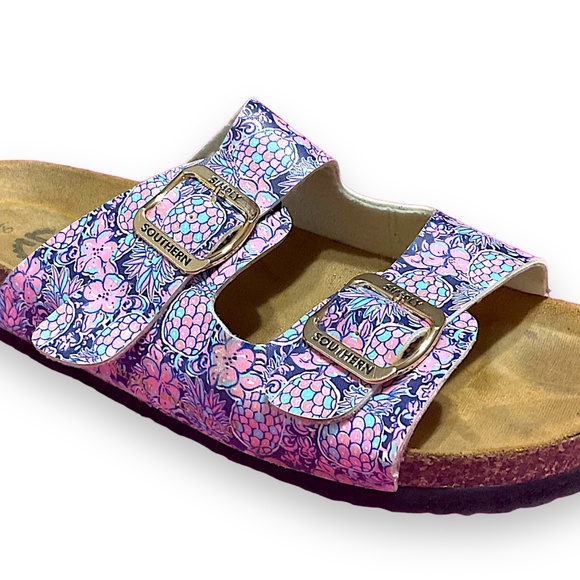 Simply Southern Floral Buckle Slip on Flip Flop Sandals Size 9 Pink/Blue - Picture 3 of 14